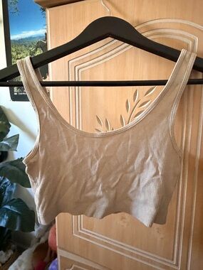 Divided Beige Ribbed Scoop Crop Tank Top